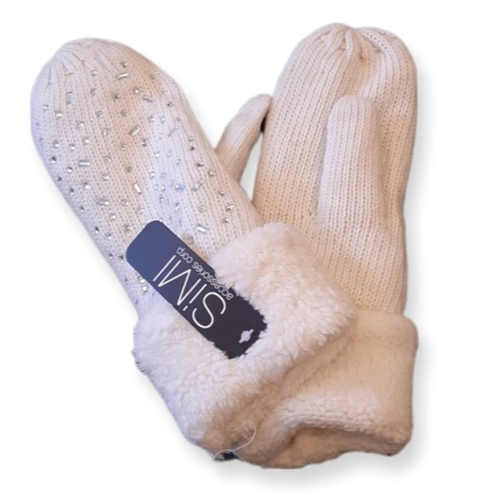 NEW Simi Chunky Knit Mittens Ivory Faux Fur Sherpa Rhinestone Embellished Winter